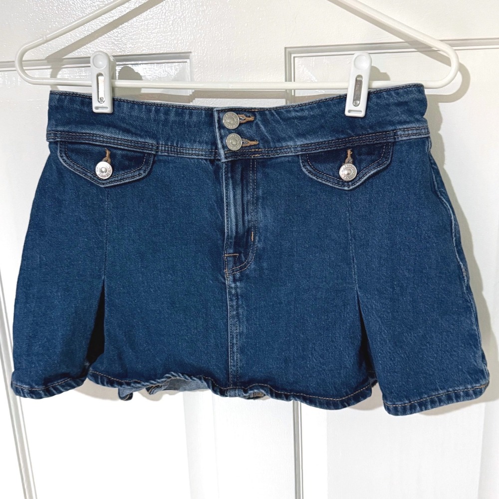 Y2K American Eagle Dark Wash Pleated Denim Mini Skirt Size 00 Stretch A-Line